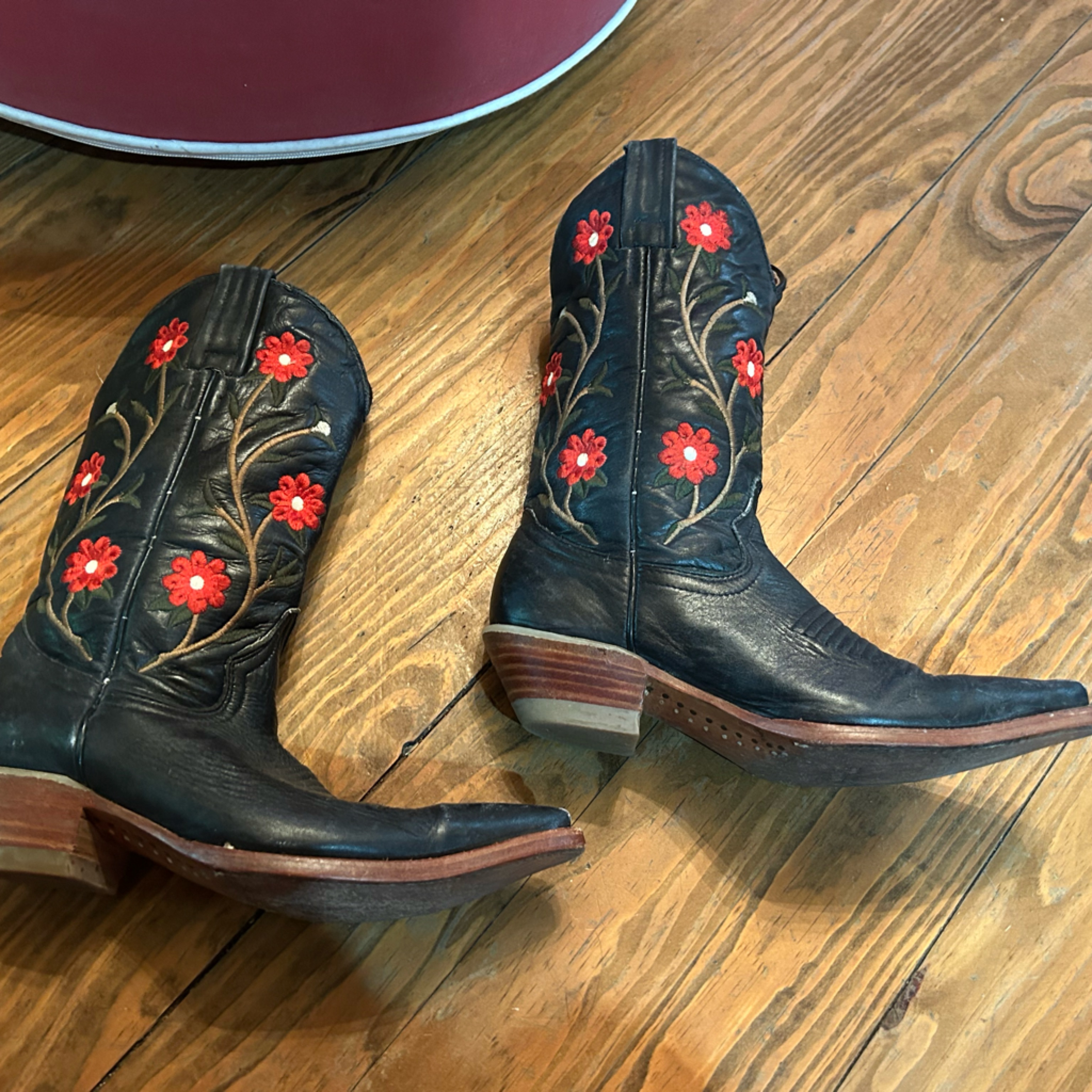 Black Cowboy Leather Boots With Red Floral Embroidery